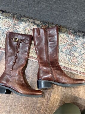 NICOLE Brown Leather Tall Riding Boots with Side Buckle